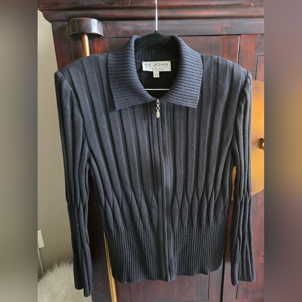 St. John Black Ribbed Zip-Front Cardigan